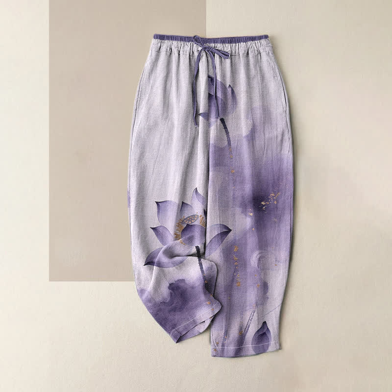 Nimara Ritual Pure Cotton Lotus Gold Fleck Pattern Women's Elastic Waist Pants With Pockets