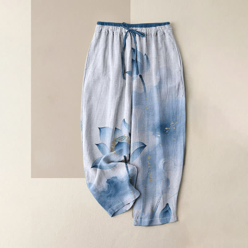 Nimara Ritual Pure Cotton Lotus Gold Fleck Pattern Women's Elastic Waist Pants With Pockets