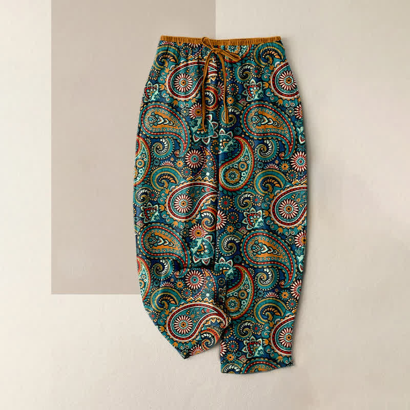 Nimara Ritual Pure Cotton Paisley Floral Print Women's Elastic Waist Pants With Pockets