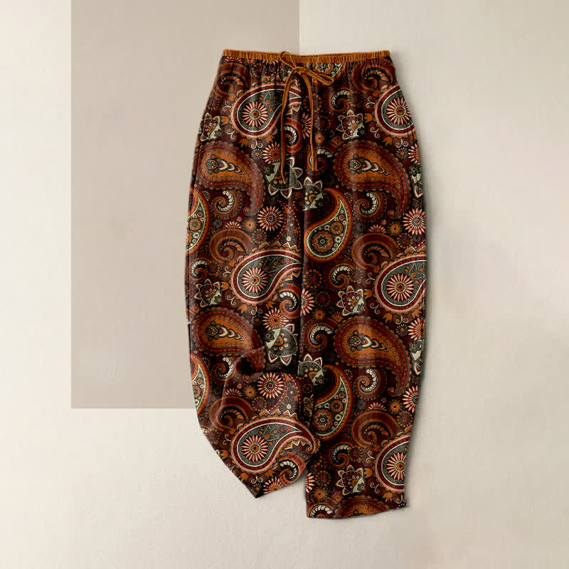 Nimara Ritual Pure Cotton Paisley Floral Print Women's Elastic Waist Pants With Pockets