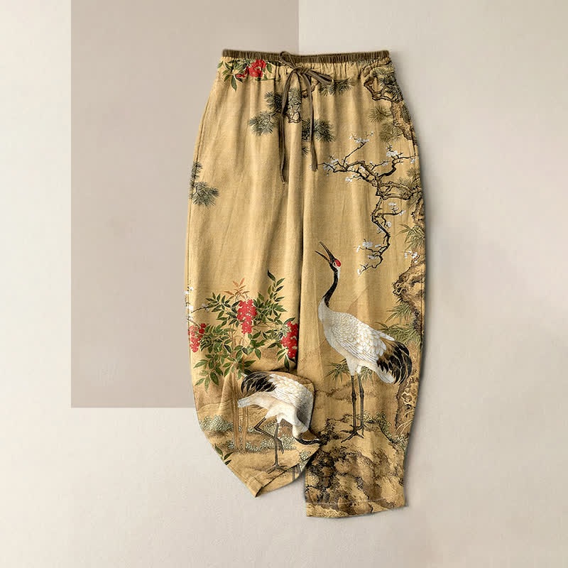 Nimara Ritual Pure Cotton Crane Pine Pattern Women's Elastic Waist Pants With Pockets