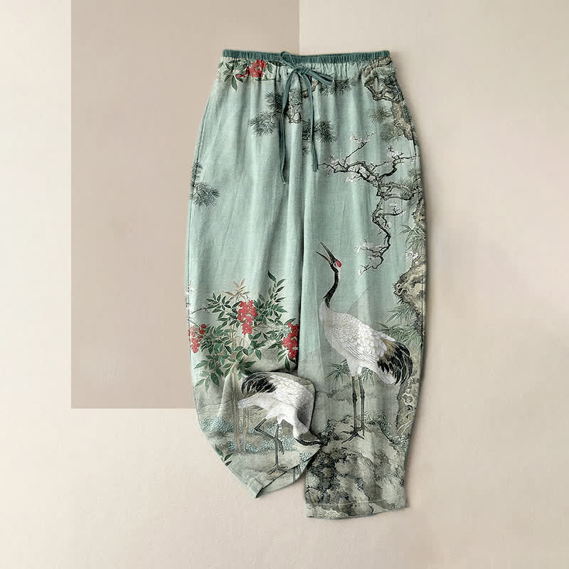 Nimara Ritual Pure Cotton Crane Pine Pattern Women's Elastic Waist Pants With Pockets