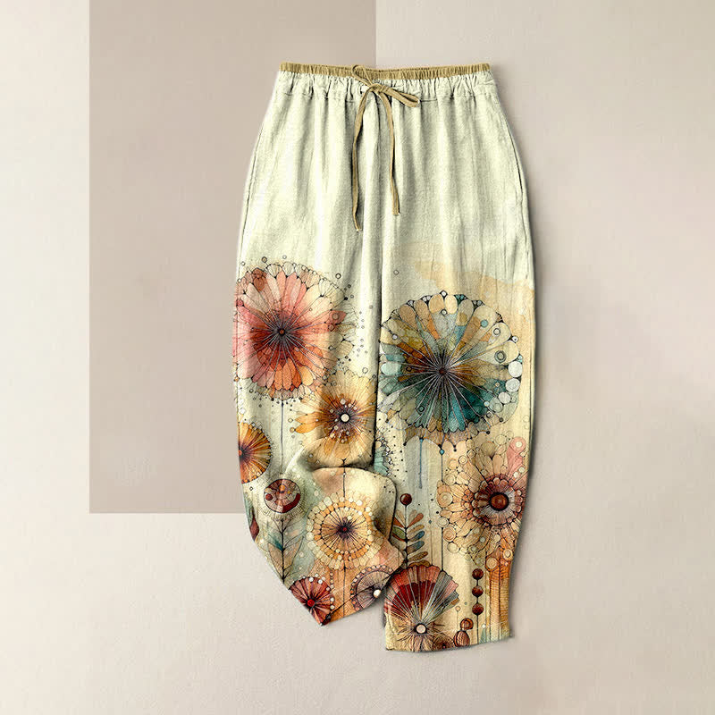 Nimara Ritual Pure Cotton Watercolor Mandala Floral Pattern Women's Elastic Waist Pants With Pockets