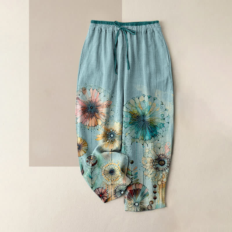 Nimara Ritual Pure Cotton Watercolor Mandala Floral Pattern Women's Elastic Waist Pants With Pockets