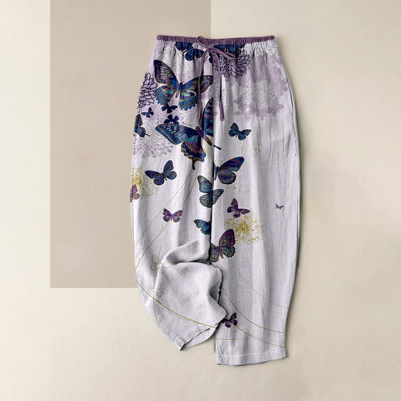 Nimara Ritual Pure Cotton Bohemian Butterfly Floral Pattern Women's Elastic Waist Pants With Pockets