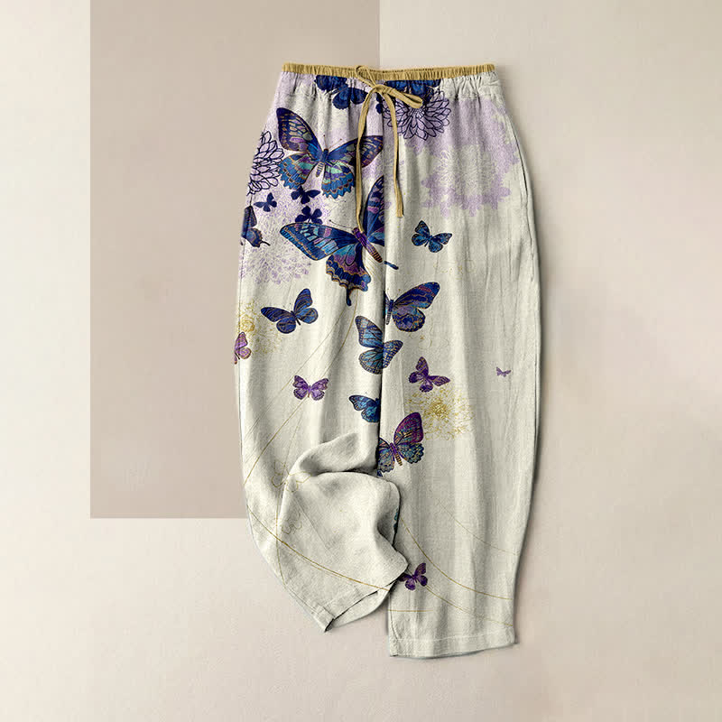 Nimara Ritual Pure Cotton Bohemian Butterfly Floral Pattern Women's Elastic Waist Pants With Pockets
