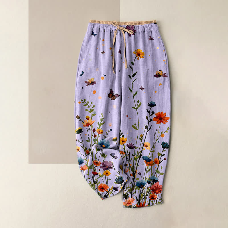 Nimara Ritual Pure Cotton Bohemian Floral Butterfly Pattern Women's Elastic Waist Pants With Pockets