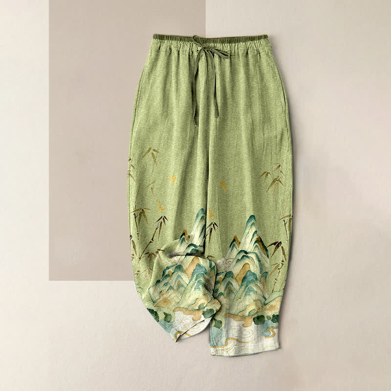 Nimara Ritual Pure Cotton Mountain Bamboo Pattern Women's Elastic Waist Pants With Pockets