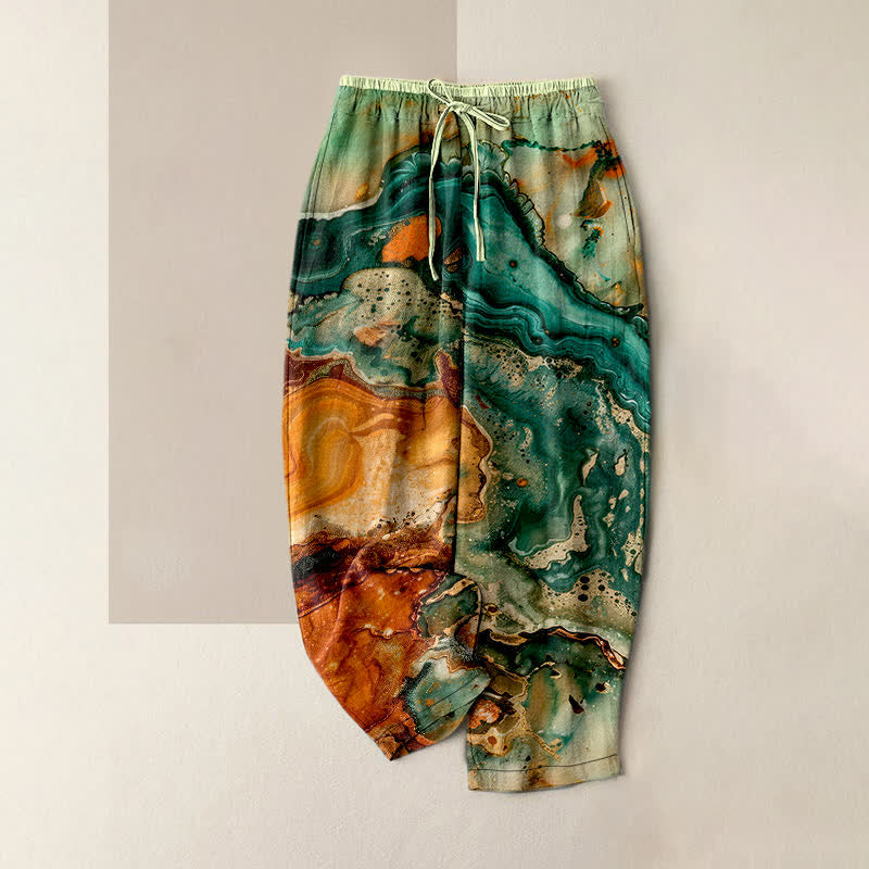 Nimara Ritual Cotton Marble Wave Pattern Women's Elastic Waist Pants With Pockets