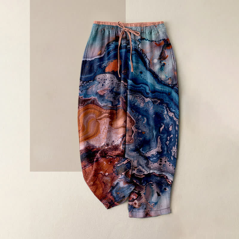 Nimara Ritual Cotton Marble Wave Pattern Women's Elastic Waist Pants With Pockets