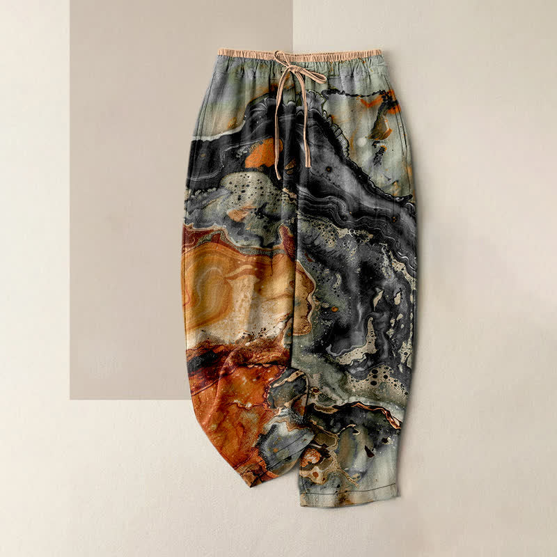 Nimara Ritual Cotton Marble Wave Pattern Women's Elastic Waist Pants With Pockets