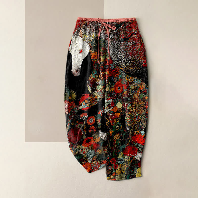 Nimara Ritual Pure Cotton Bohemian Floral Horse Pattern Women's Elastic Waist Pants With Pockets