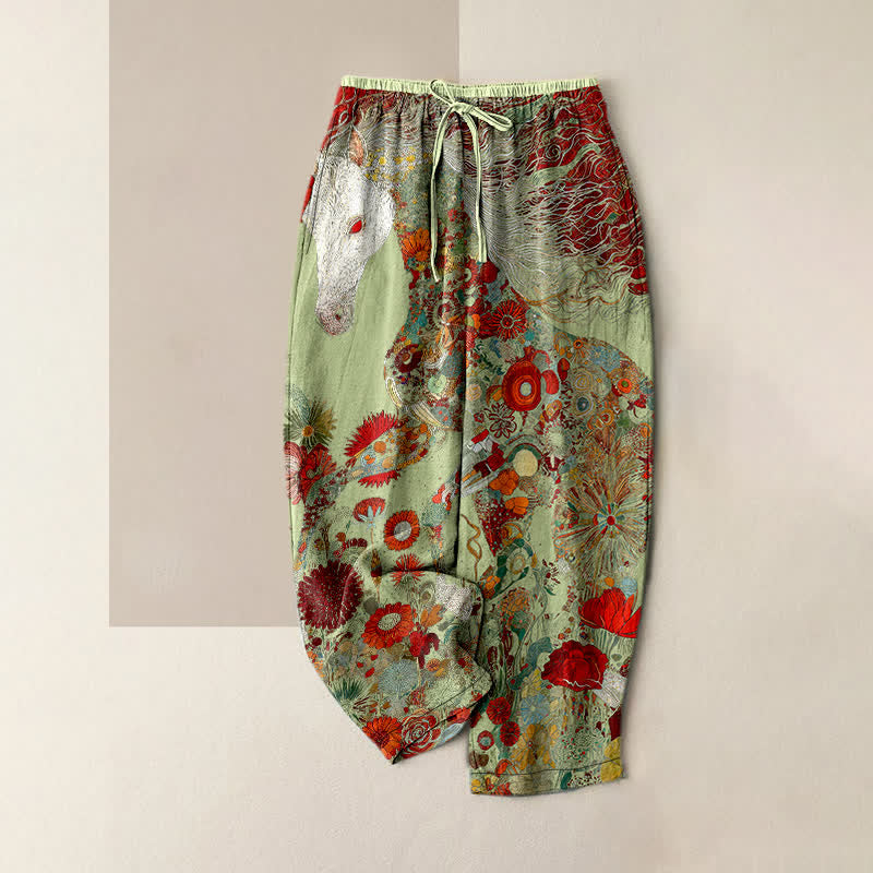 Nimara Ritual Pure Cotton Bohemian Floral Horse Pattern Women's Elastic Waist Pants With Pockets
