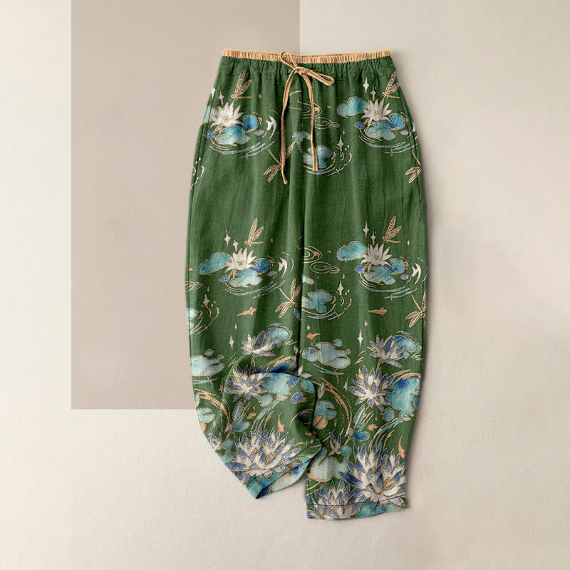 Nimara Ritual Pure Cotton Lotus Wave Pattern Women's Elastic Waist Pants With Pockets