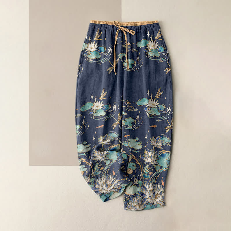 Nimara Ritual Pure Cotton Lotus Wave Pattern Women's Elastic Waist Pants With Pockets