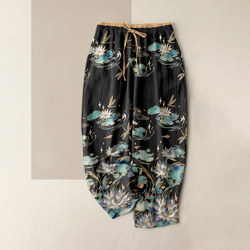 Nimara Ritual Pure Cotton Lotus Wave Pattern Women's Elastic Waist Pants With Pockets