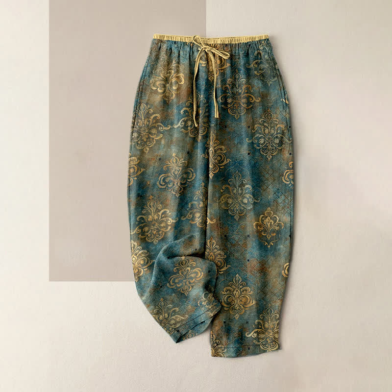 Nimara Ritual Vintage Damask Print Women's Elastic Waist Pants With Pockets
