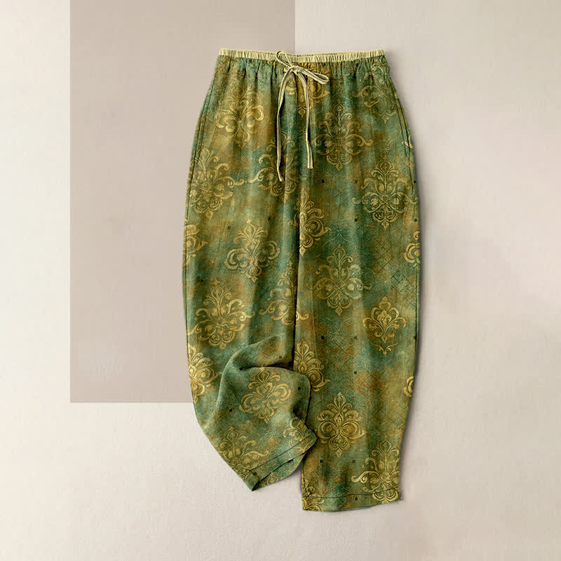 Nimara Ritual Vintage Damask Print Women's Elastic Waist Pants With Pockets