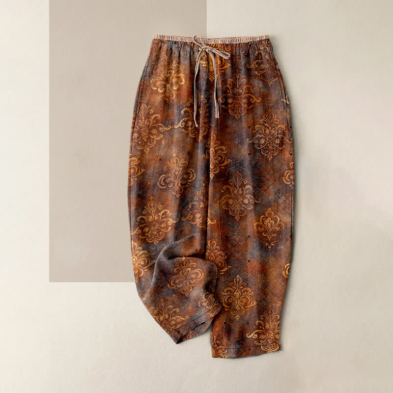 Nimara Ritual Vintage Damask Print Women's Elastic Waist Pants With Pockets