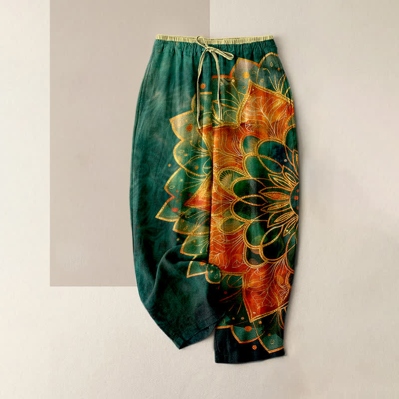 Nimara Ritual Pure Cotton Gold Mandala Pattern Women's Elastic Waist Pants With Pockets