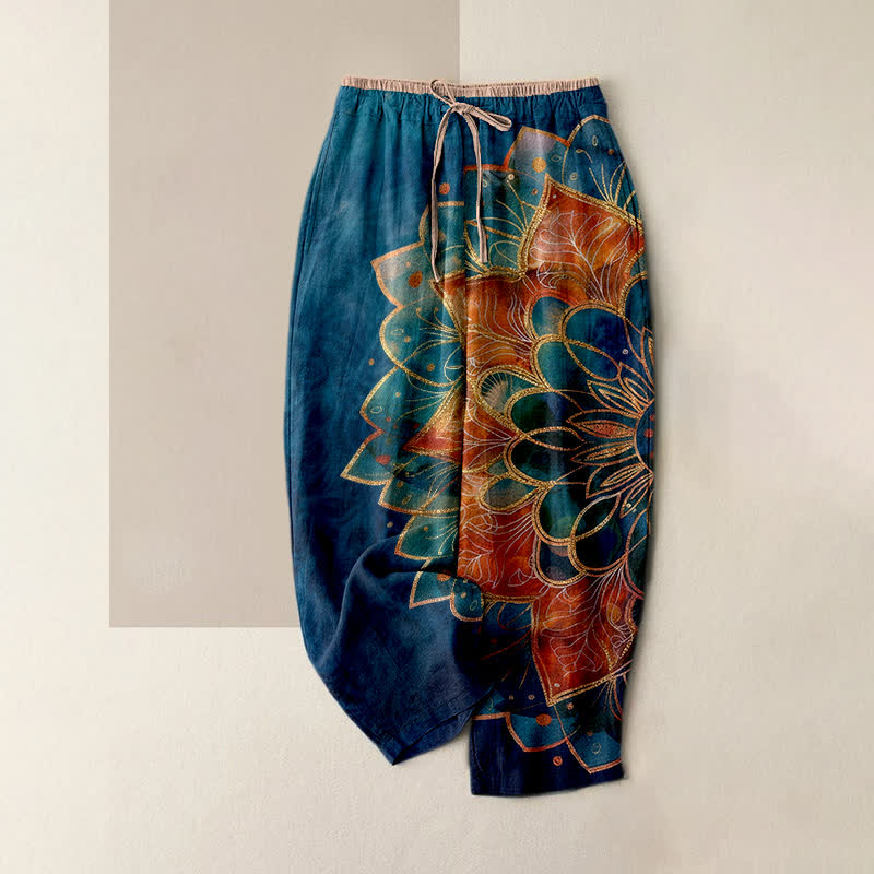 Nimara Ritual Pure Cotton Gold Mandala Pattern Women's Elastic Waist Pants With Pockets