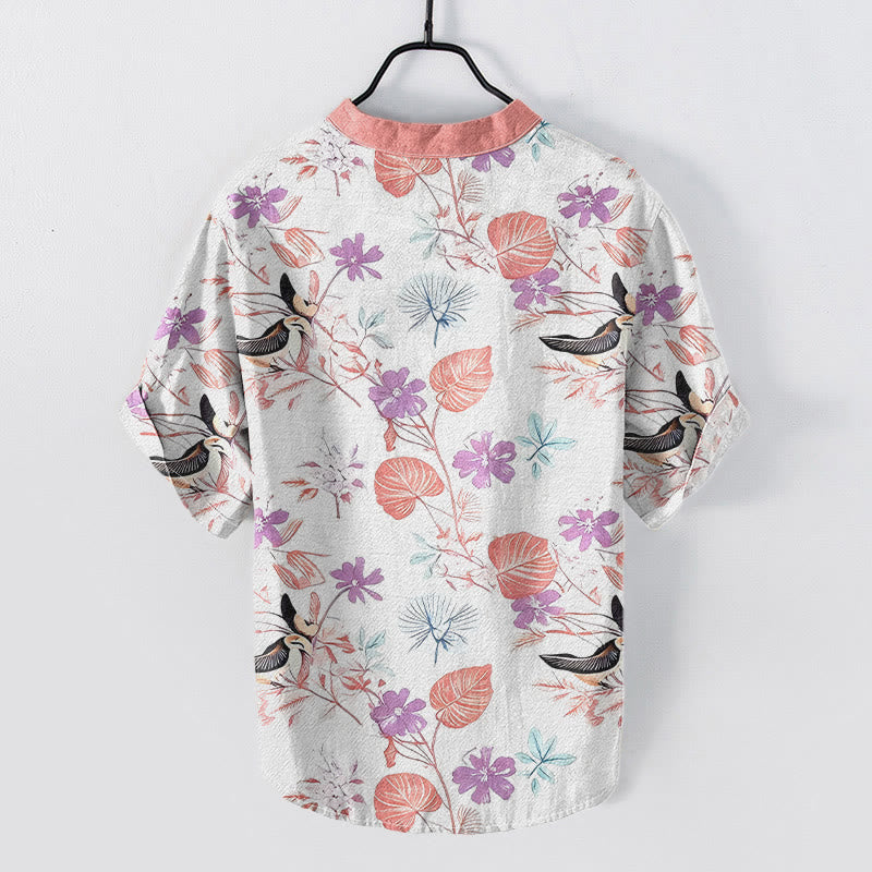 Nimara Ritual Cotton Tropical Floral Bird Pattern Men's Short Sleeve Half Button Shirt