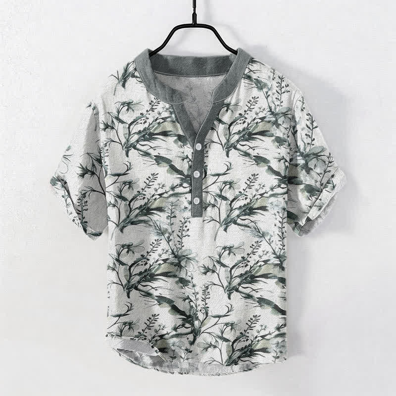 Nimara Ritual Pure Cotton Lavender Sprig Pattern Men's Short Sleeve Half Button Shirt