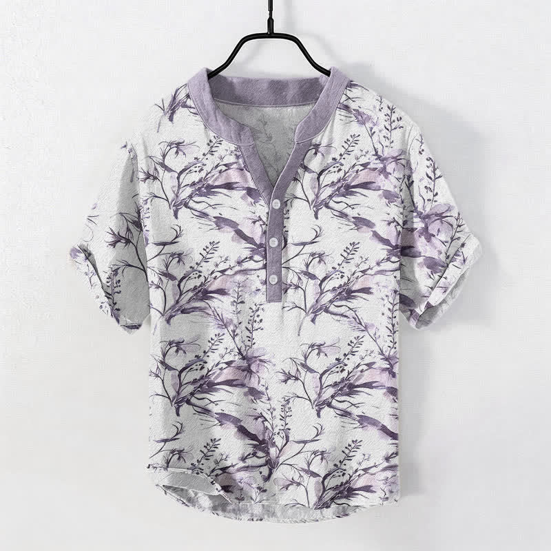 Nimara Ritual Pure Cotton Lavender Sprig Pattern Men's Short Sleeve Half Button Shirt
