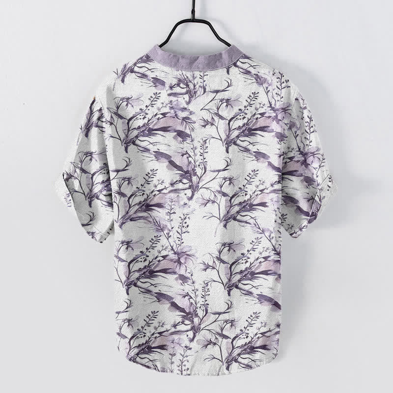 Nimara Ritual Pure Cotton Lavender Sprig Pattern Men's Short Sleeve Half Button Shirt
