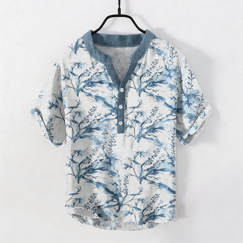 Nimara Ritual Pure Cotton Lavender Sprig Pattern Men's Short Sleeve Half Button Shirt