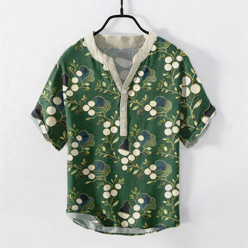 Nimara Ritual Cotton Floral Berry Pattern Men's Short Sleeve Half Button Shirt