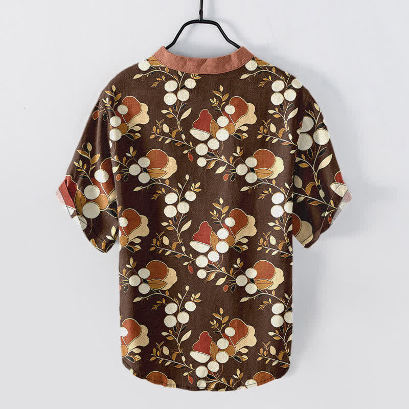 Nimara Ritual Cotton Floral Berry Pattern Men's Short Sleeve Half Button Shirt