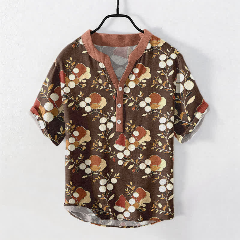Nimara Ritual Cotton Floral Berry Pattern Men's Short Sleeve Half Button Shirt