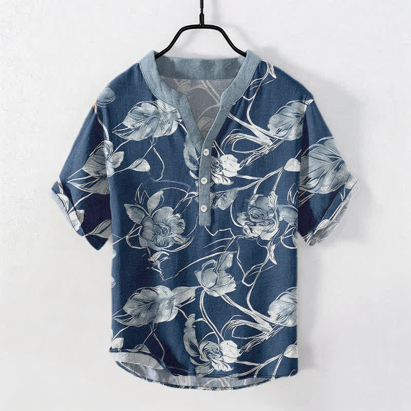 Nimara Ritual Cotton Botanical Floral Leaves Pattern Men's Short Sleeve Half Button Shirt