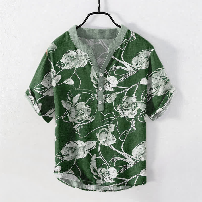 Nimara Ritual Cotton Botanical Floral Leaves Pattern Men's Short Sleeve Half Button Shirt