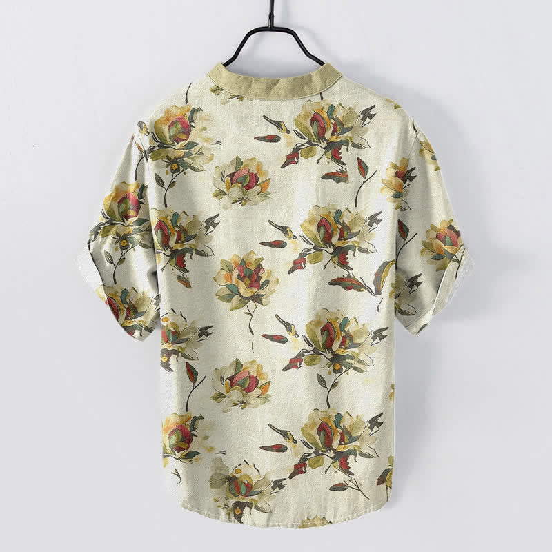 Nimara Ritual Cotton Vintage Floral Petals Pattern Men's Short Sleeve Half Button Shirt