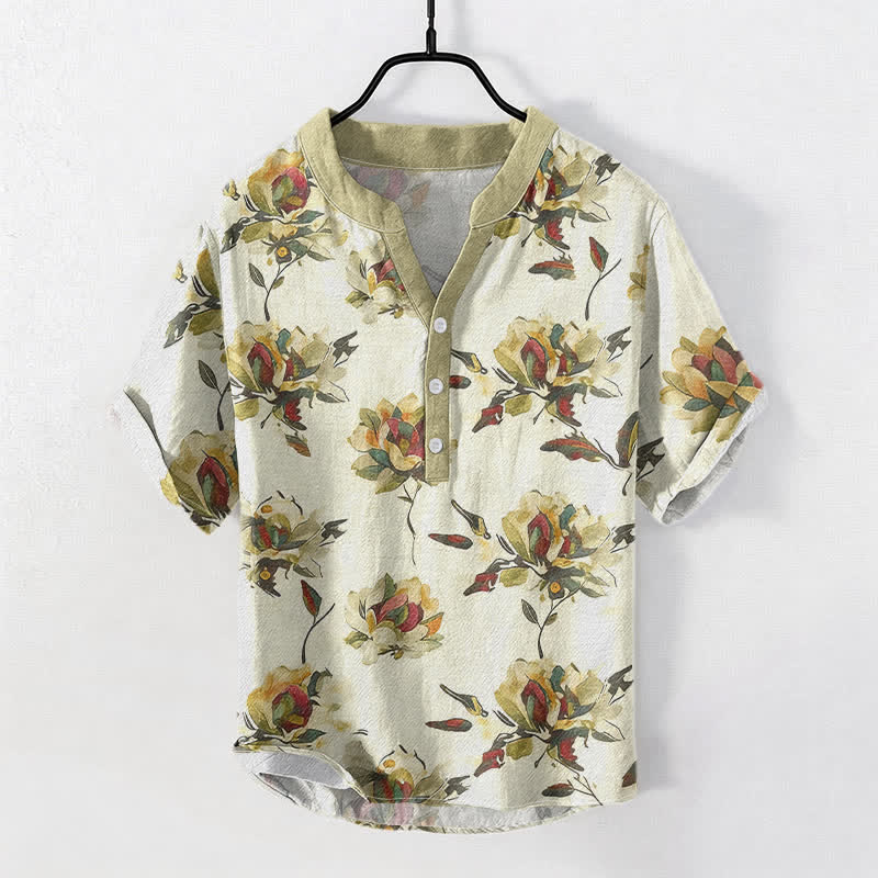 Nimara Ritual Cotton Vintage Floral Petals Pattern Men's Short Sleeve Half Button Shirt