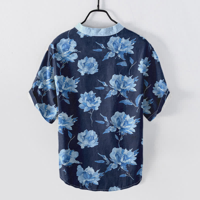 Nimara Ritual Cotton Vintage Floral Petals Pattern Men's Short Sleeve Half Button Shirt