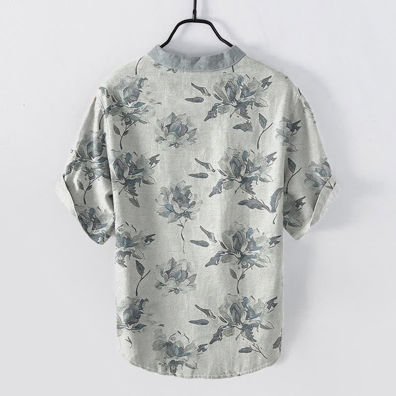 Nimara Ritual Cotton Vintage Floral Petals Pattern Men's Short Sleeve Half Button Shirt