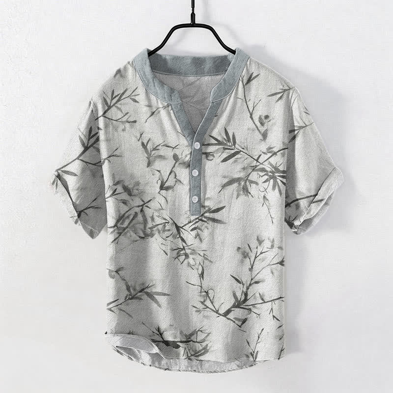 Nimara Ritual Cotton Bamboo Ink Pattern Men's Short Sleeve Half Button Shirt