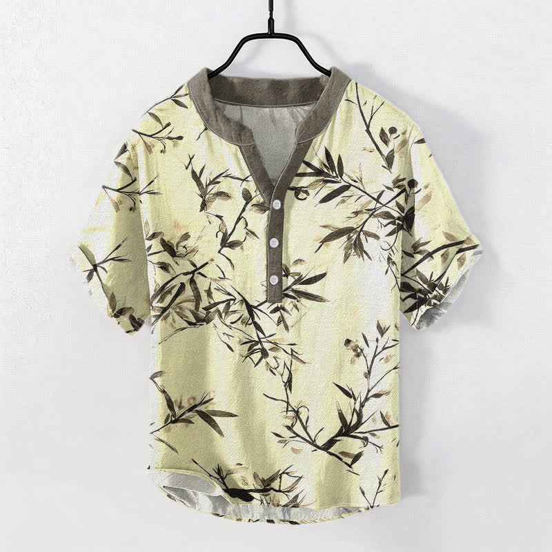 Nimara Ritual Cotton Bamboo Ink Pattern Men's Short Sleeve Half Button Shirt