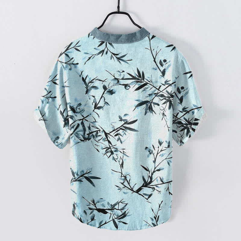 Nimara Ritual Cotton Bamboo Ink Pattern Men's Short Sleeve Half Button Shirt