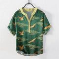 Nimara Ritual Cotton Golden Crane Auspicious Clouds Pattern Men's Short Sleeve Half Button Shirt