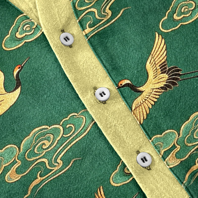 Nimara Ritual Cotton Golden Crane Auspicious Clouds Pattern Men's Short Sleeve Half Button Shirt