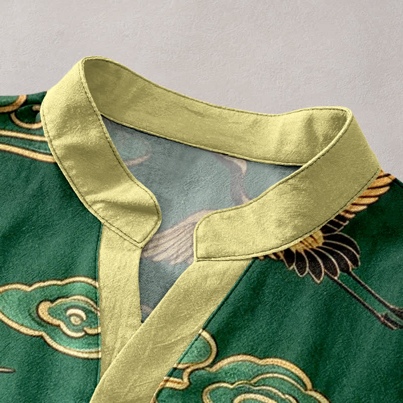 Nimara Ritual Cotton Golden Crane Auspicious Clouds Pattern Men's Short Sleeve Half Button Shirt