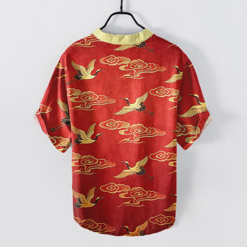 Nimara Ritual Cotton Golden Crane Auspicious Clouds Pattern Men's Short Sleeve Half Button Shirt