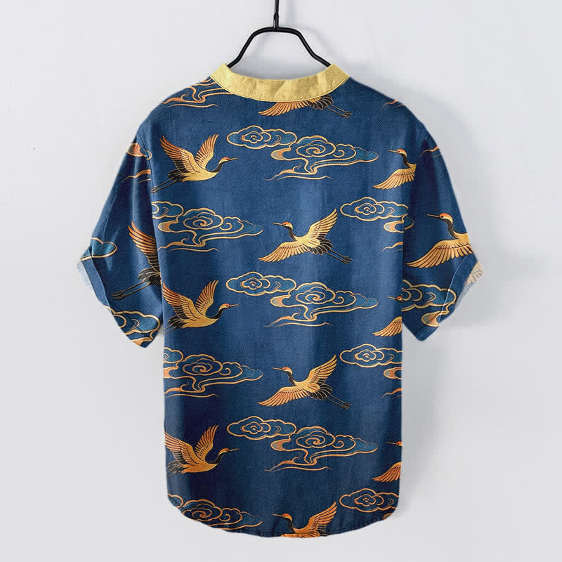 Nimara Ritual Cotton Golden Crane Auspicious Clouds Pattern Men's Short Sleeve Half Button Shirt