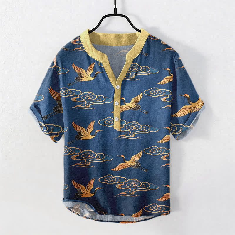 Nimara Ritual Cotton Golden Crane Auspicious Clouds Pattern Men's Short Sleeve Half Button Shirt