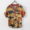 Nimara Ritual Cotton Vintage White Crane Peony Pattern Men's Short Sleeve Half Button Shirt