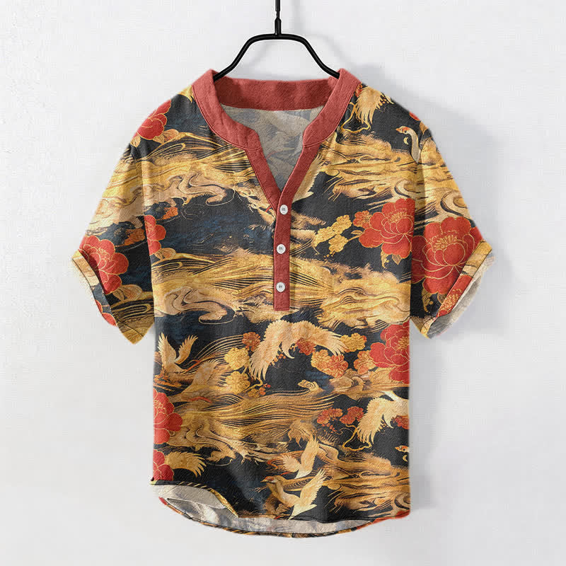Nimara Ritual Cotton Vintage White Crane Peony Pattern Men's Short Sleeve Half Button Shirt